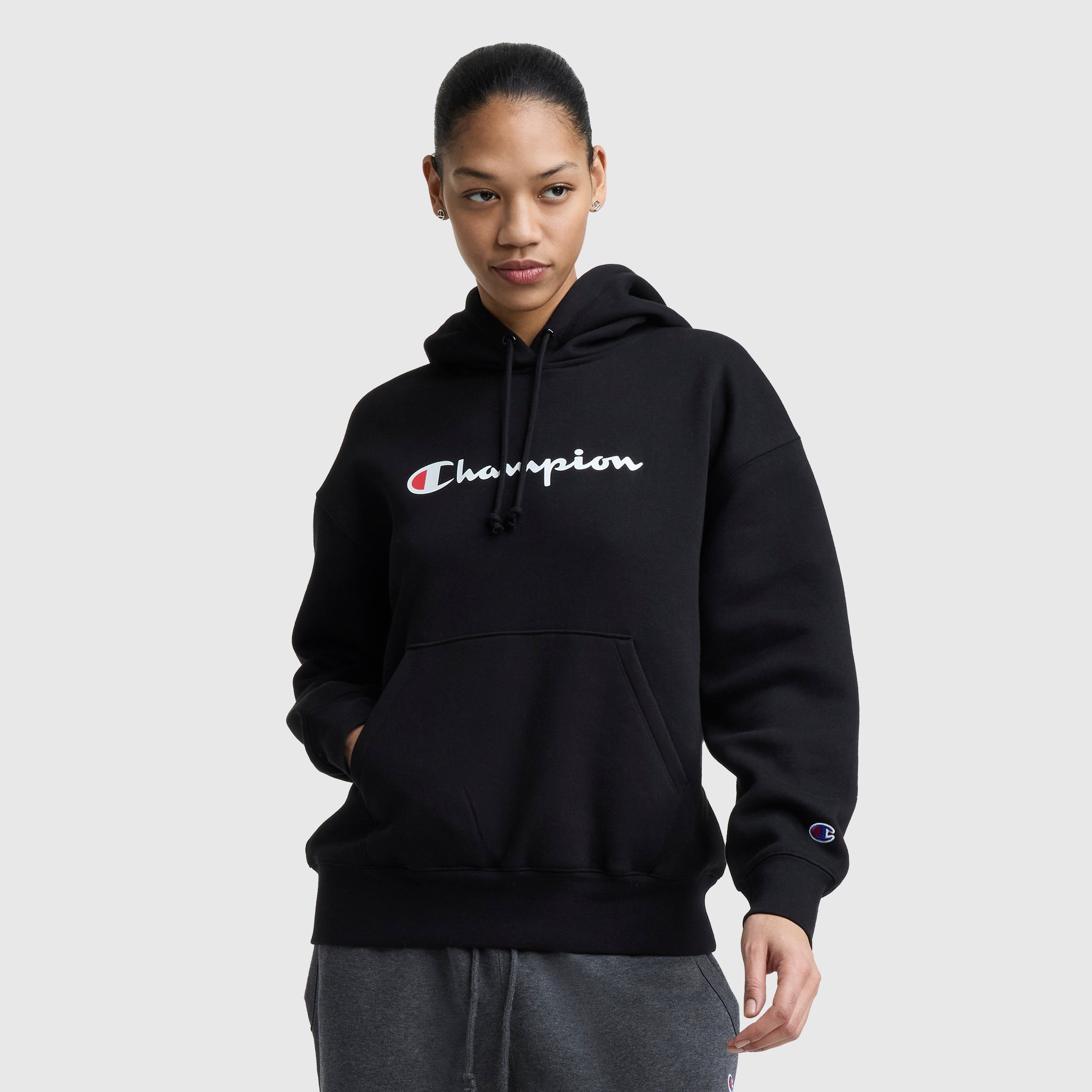Champion Women??s Powerblend Relaxed Hoodie, Script Logo